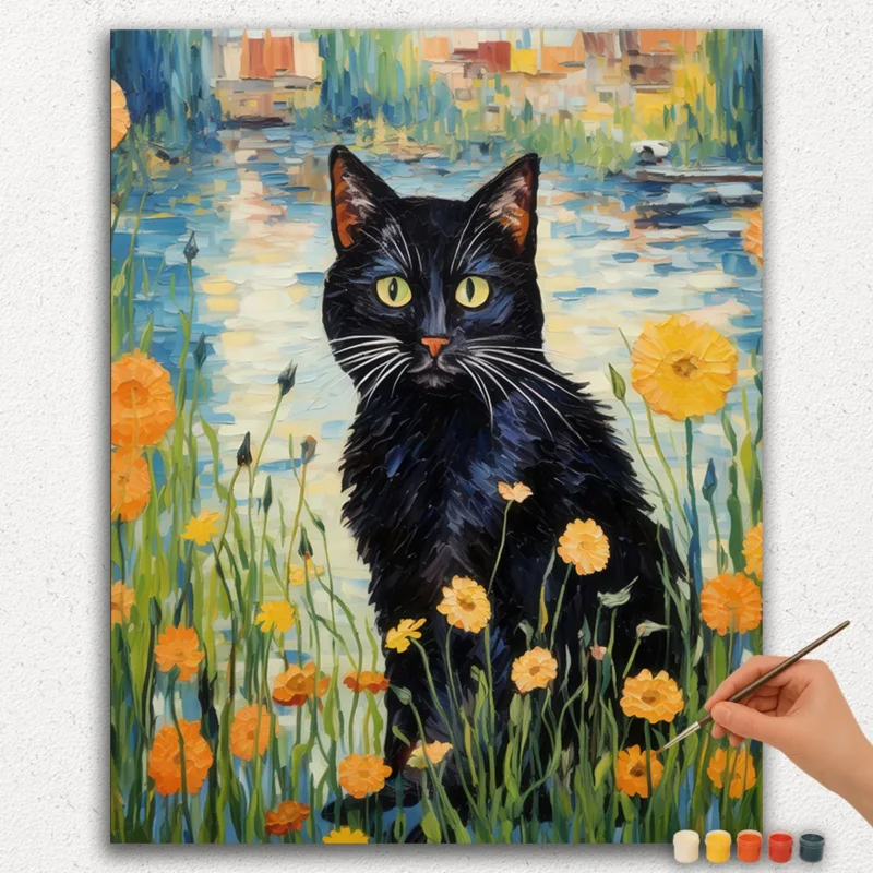 Paint By Numbers - DIamond Painting Ver JPE (47) Black Cat and Flowers - Paint By Numbers